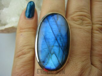 bpe5456 MAX BLASK CUDO Aksamitny Błękitno Niebieski Podłużny Pierścień Labradoryt Spektrolit r.18/ r.19 Lśniące Srebro 925 #