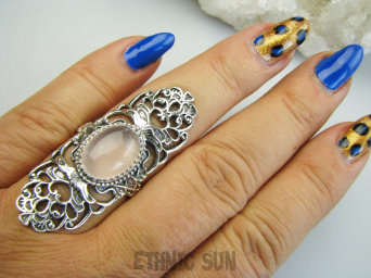 bpe9678 Biżuteria Orientalna POEZJA Ażurowy DŁUGI Pierścień Pierścionek naturalny Kwarc Różowy r.22 Srebro 925 #