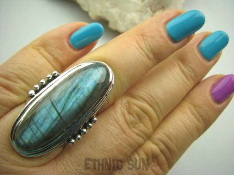 bpe4154 GRECKA BOGINI !!!! cudowny Duży Długi 3.9 cm OKAZ Pierścień naturalny Niebiesko Seledynowy Labradoryt Spektrolit - kamień Zorzy Polarnej r.17 Srebro 925 #