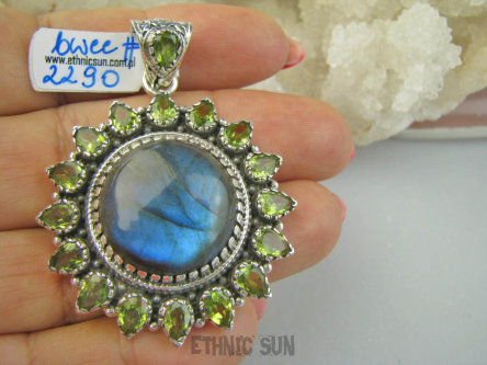 bwee2290 DUŻY 5.4 cm 20 gramów LUKSUSOWY Wisior Słońce !!! Kunsztowny Wisior Labradoryt Spektrolit Oliwin Perydot Oliwiny Srebro 925 #