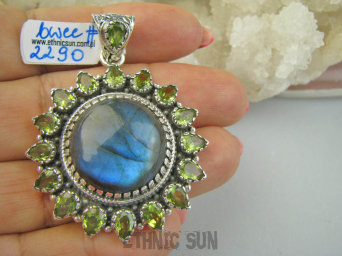 bwee2290 DUŻY 5.4 cm 20 gramów LUKSUSOWY Wisior Słońce !!! Kunsztowny Wisior Labradoryt Spektrolit Oliwin Perydot Oliwiny Srebro 925 #