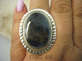 bpe6160 Egzotyczny Przepiękny Duży Pierścień Tygrysi Wielobarwny KAMIEŃ BURZY PIETERSYT z Namibii - RZADKOŚĆ r.19 Srebro 925 #