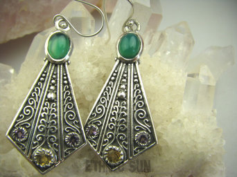 bkee780 WIELOBARWNE DUŻE Długie 5,7 cm Orientalne WACHLARZE !!! Piękne KOLCZYKI Zielony Onyks, Cytryn, Ametyst Srebro 925