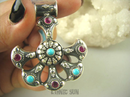 bwe2891 Przepiękny Wisior marokańskie wzornictwo Maroko Rubin Indyjski i Turkus Rubiny, Turkusy SREBRO 925 #