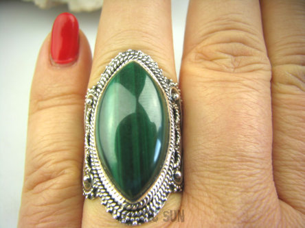 bpe4517 MIŁOSNA KOLEKCJA ZAKOCHANE SERCE !!! Wspaniały Pierścień MALACHIT - pobudza kreatywność r.18 Srebro 925 #