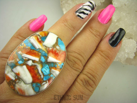 bpe8096 CUDO Wielobarwny Gigant 4,4 cm/ 3,1 cm Pierścień 21G ! OSTRYGOWY TURKUS MIEDZIANY OSTRYGA Muszla złota MIEDZ r.19 Srebro 925 #