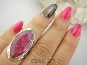 bpee4310 Długi MALINOWY Pierścień Pierścionek z Rubinem Rubin Indyjski Rubiny r.13 Srebro 925 #