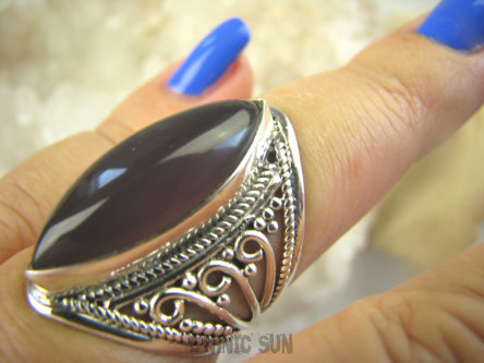 bpe6955 Długi Ażurowy Pierścień Fioletowo Brązowy Kamień Zagadka r.14/ r.15 ażurowa obrączka Srebro 925 #