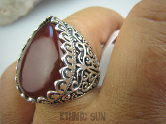 bpe5109 KRÓLEWSKO CZARODZIEJSKI OKAZ PIERŚCIEŃ brązowy karneol SARD r.19 pięknie zdobione Srebro 925 #