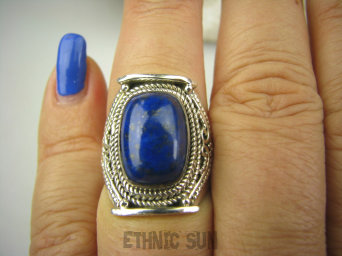 bpe7007 Orientalny Pierścień granatowy Lapis Lazuli - strażnik prawdy i mądrości r.15 Srebro 925 #