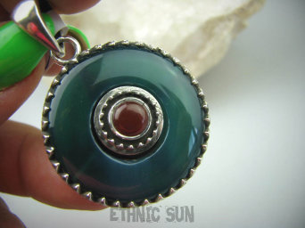 bwe2885 Przecudny Marokański SKARB !!! Piękny Dwustronny Wisior Zielony, Czerwony Onyks Maroko Marokańskie Wzornictwo Srebro 925 #