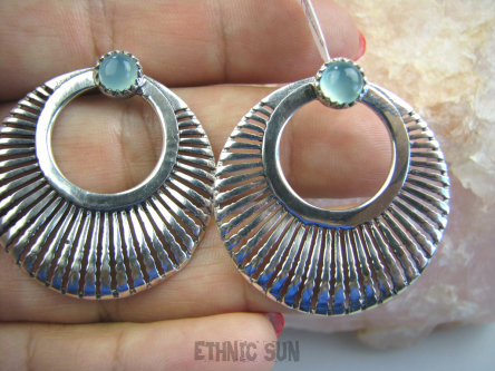 bke745 Duże Lekkie KOŁA Kolczyki na sztyft Chalcedon (czakra gardła) - Tarczyca Srebro 925