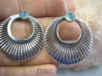 bke745 Duże Lekkie KOŁA Kolczyki na sztyft Chalcedon (czakra gardła) - Tarczyca Srebro 925