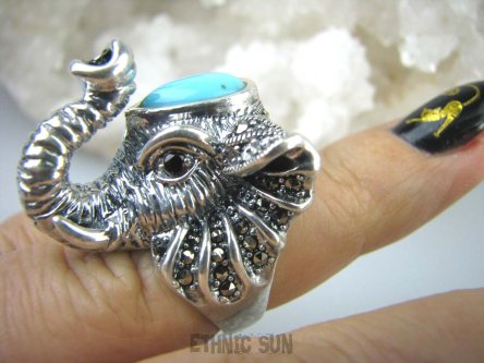 bpee3020 WOOOOW  Lśniący Unikat Gigant 21 gramów !!!! Wysoki Pierścień z głową Słonia SŁOŃ Błękitny Turkus  ARIZONA Turkusy Markazyty Granaty  r.12/ r.13 (Mały rozmiar ) Srebro 925 opatentowany wzór  #