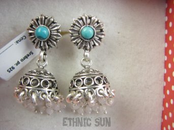 bke1251 Unikatowe wzory ORIENTALNE Przepiękne Kolczyki na sztyft Kamień Księżycowy Turkus Turkusy Srebro 925