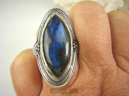 bpe6926 Duży Masywny 14 gramów !! Pierścień czarno-chabrowy Labradoryt Spektrolit kamień Zorzy Polarnej r.18 Srebro 925 #