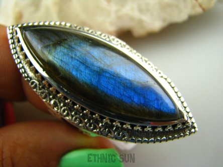 bpe3229 KRÓLEWSKI OKAZ !!! Długi OLBRZYM 5,1 cm 23 g! Hrabiowski Pierścień niebieski z żółta pręgą LABRADORYT Spektrolit - kamień Zorzy Polarnej r.18 Srebro 925 #