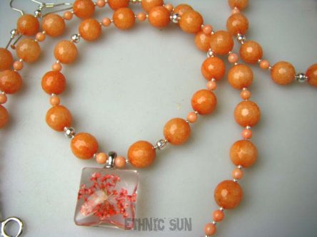 bn1204 Kwiatowa Kolekcja  - Naszyjnik i Kolczyki JADEIT Brzoskwiniowy Koral suszone kwiaty Srebro 925