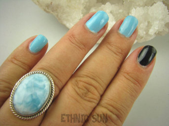 bpe6350 Egzotyczny Pierścień Rzadki Błękitny Larimar (kamień Anielski ) - stawy, serce lęki, otwiera czakrę gardła r.16 Srebro 925 #