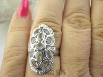 bpee4318 Długi Lśniący Pierścień Pierścionek naturalny Blue Topaz, oraz Cyrkonie r.19 SREBRO RODOWANE 925 #