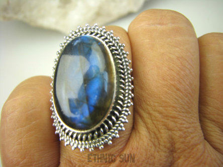 bpe8178 Piękny Orientalny Pierścień Labradoryt Spektrolit - kamień Zorzy Polarnej r.17 egzotyczne Srebro 925 #