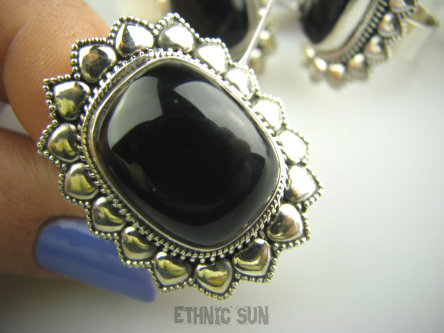 bpe3621 Elegancki MASYWNY Kruczoczarny Kwiat DUŻY Pierścień ONYKS r.14 Srebro 925 #