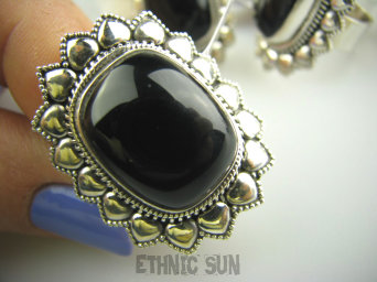 bpe3621 Elegancki MASYWNY Kruczoczarny Kwiat DUŻY Pierścień ONYKS r.14 Srebro 925 #