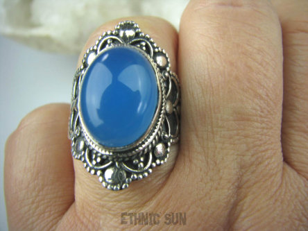 bpe5685 Biżuteria Orientalna - Niebiesko Błękitny CHALCEDON (TARCZYCA) Pierścień r.14 Srebro 925 czakra gardła #