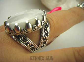 bpe6252 DRAPIEŻNY PAZUR !!!! CUDO Duży PIERŚCIEŃ z podwójną szeroką obrączką Kamień Księżycowy r.20/ r.21 Srebro 925 #