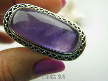 bpe4075 DŁUGI 4 cm Egzotyczny Pierścień z Ametystem w orientalnej oprawie AMETYST Kamień Mądrości ( migrena, bezsenność) r.17 Srebro 925 #