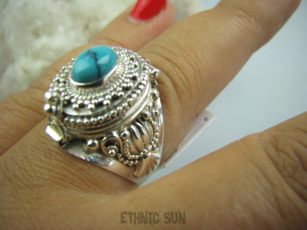 bpe5074 Bogato Zdobiony Piękny Sekretnik UNIKAT !!! Otwierany Pierścień na zdjęcia lub marzenia Turkus Turkusy r.20/ r.21 Srebro 925 #