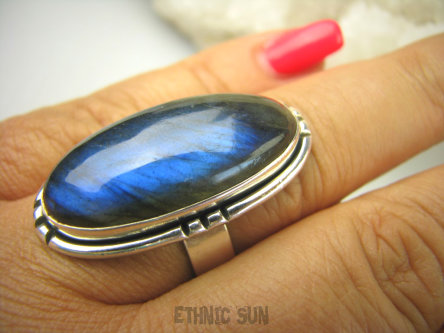 bpe7851 Czarodziejsko Piękny Orientalny Pierścień Niebieski, Granatowy Labradoryt Spektrolit - kamień Zorzy Polarnej r.18 Srebro 925 #