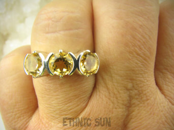 bpee3949 Elegancki Lśniący Pierścień Pierścionek Obrączka ze złoto -żółtymi cytrynami Cytryn - kamień antycukrzycowy r.21/ r.22 SREBRO 925 #