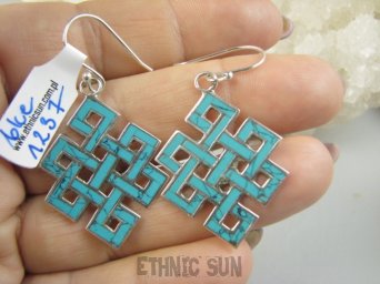 bke1237 Cudowne Ażurowe Lekkie Kolczyki Buddyjski Węzeł Nieskończoności inkrustowany TURKUS Turkusy Srebro 925