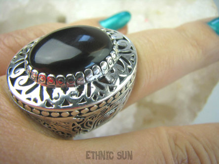 bpe5801 BAŚNIOWY KLEJNOT - Piękny Duży Pierścień KWARC DYMNY kamień antystresowy i uspokajający r.17 szeroka obrączka Srebro 925 #