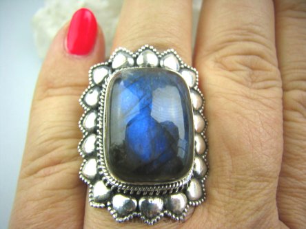 bpe5296 DUŻY Piękny Kwiat Pierścień Labradoryt Spektrolit - kamień Zorzy Polarnej r.17 Srebro 925 #