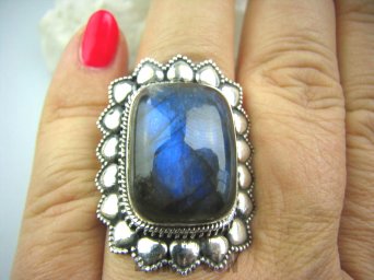 bpe5296 DUŻY Piękny Kwiat Pierścień Labradoryt Spektrolit - kamień Zorzy Polarnej r.17 Srebro 925 #