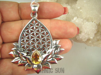 bwee2134 Złocisty KWIAT ŻYCIA i Kwiat Lotosu 17 G SILNY AMULET OCHRONNY !!!! Duży 6,5 cm Wisior ZŁOTY Cytryn  cytrynami SREBRO 925 #