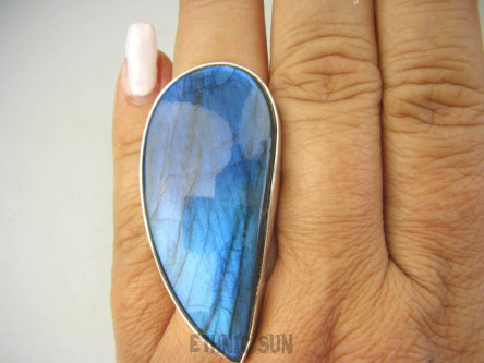 bpe8387 Skrzydło Anioła aż 5cm  MAX BLASK Bossko piękny Długi Regulowany Pierścień Granatowo Niebieski Labradoryt Spektrolit r.15, r.16, r.17, r.18, r.19 Lśniące Srebro 925 #