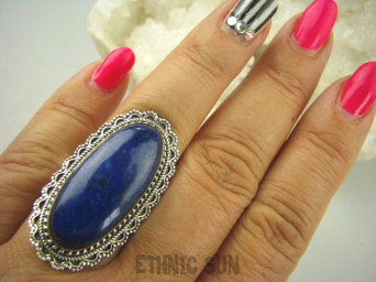 bpe6282 EGZOTYCZNA DAMA !!! Orientalny Długi 4 cm Pierścień Królewski Lapis Lazuli - strażnik prawdy i mądrości r.18 Srebro 925 #