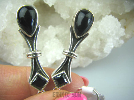 bkee887 OKSYDOWANE Długie 5,5cm Przepiękne Kolczyki czarne Onyksy Srebro 925