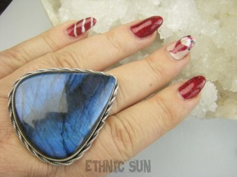 bpe9534 Kolekcjonerski Król na całą dłoń 4.7 cm GIGANT 28 gramów !!! Regulowany Pierścień Pierścionek Labradoryt Spektrolit - kamień Zorzy Polarnej r.19, r.20, r.21, r.22, r.23, Srebro 925 #