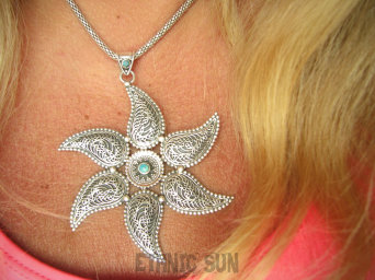 bwe3582 Egzotyczna Gwiazda czy rajski ptak ? Duży 8.5 cm, 24G  Piękny Wisior naturalny TURKUS Turkusy Srebro 925 #