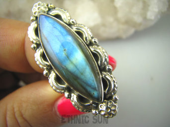 bpe7138 Czarodziejsko Piękny  MAX BASK Orientalny Pierścień Niebieski Labradoryt Spektrolit - kamień Zorzy Polarnej r.16 Srebro 925 #