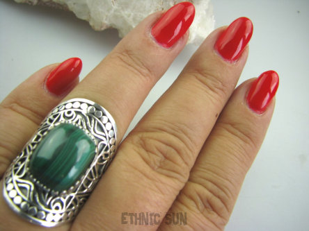 bpe4902 BIŻUTERIA  EGZOTYCZNA  !!! Przepiękny OKAZ Długi Pierścień MALACHIT - pobudza kreatywność r.17 szeroka obrączka Srebro 925 #