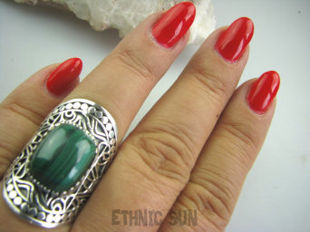 bpe4902 BIŻUTERIA  EGZOTYCZNA  !!! Przepiękny OKAZ Długi Pierścień MALACHIT - pobudza kreatywność r.17 szeroka obrączka Srebro 925 #