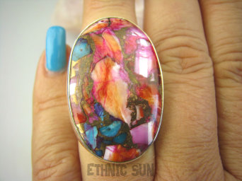 bpe8491 Boski Wielobarwny OKAZ Pierścień Pierścionek OSTRYGOWY TURKUS MIEDZIANY Mojave OSTRYGA Muszla złota MIEDZ r.14 Srebro 925 #