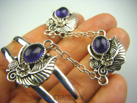 bb1534 Przepiękny Komplet Otwarta Bransoleta BANGLA oraz Pierścień Regulowany min r.18, r.19, r20, r.21 r.22, r.23 Ametyst - kamień mądrości Indian Nawaho Orle Pióro Srebro 925 #