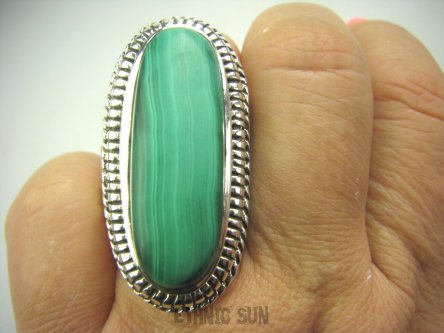 bpe4220 DUŻY ROZMIAR Kojący I DŁUGI 4,3 cm !! 24 gramy ORIENTALNY Cudo Pierścień z naturalnym malachitem MALACHIT r.23 / r.24  Srebro 925 #