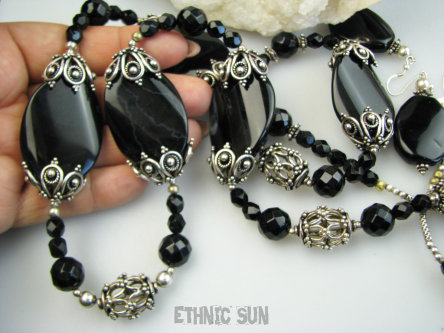 bn1640 Elegancja i Klasa bardzo dużo srebra 925 !!! Szalenie piękny Długi 105.5cm !! LŚNIĄCY LUX Naszyjnik i Kolczyki Agat Onyks Srebro 925